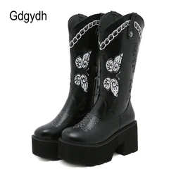 Gdgydh Retro Knight Cowboy Boots Woemn Butterfly ricamato 2021 New Winter British Style Western Boots Platform tacco spesso