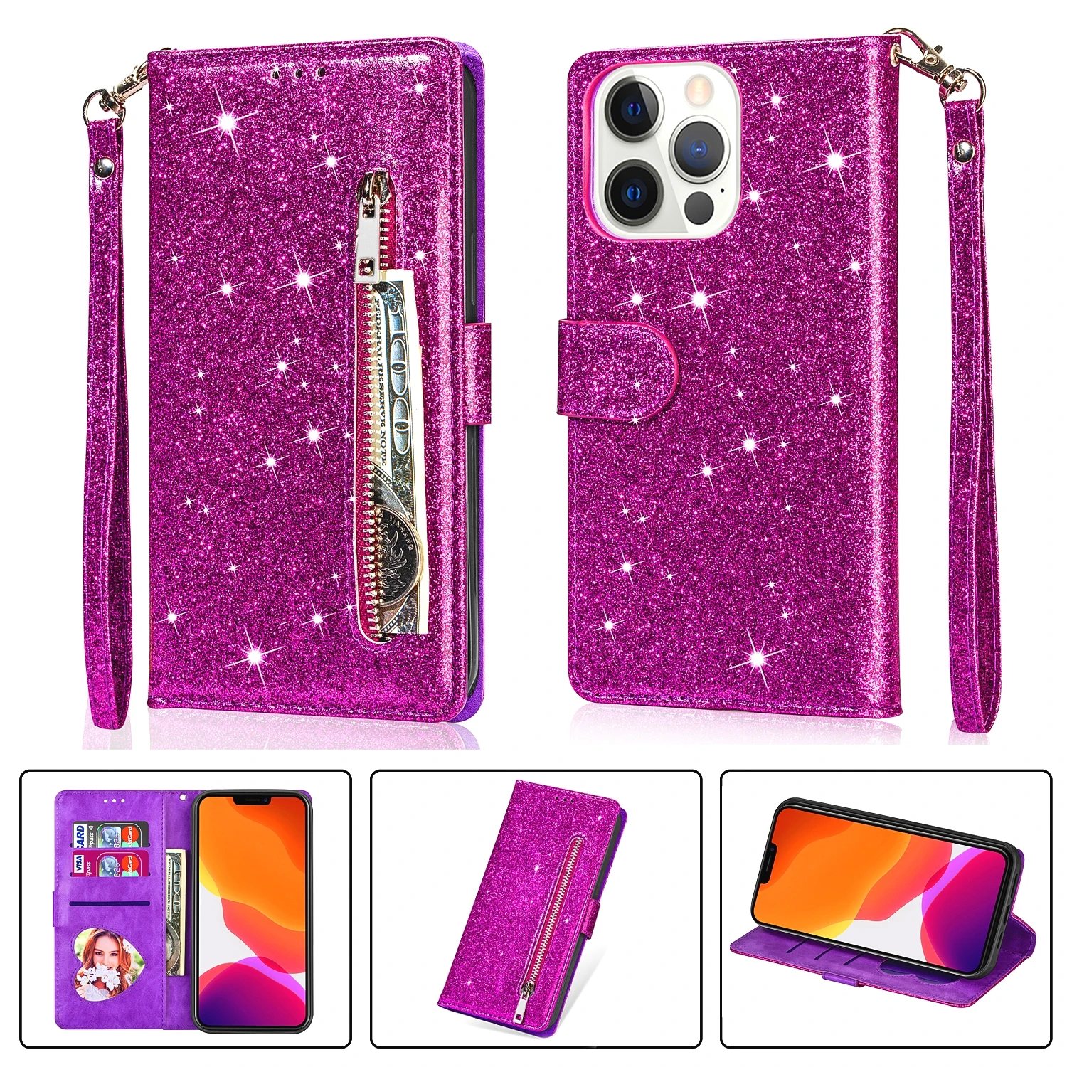 Reißverschluss-Flip-Brieftaschen-Hülle aus Glitzerleder für iPhone 18 17 16 15 14 13 12 11 Pro Max XS XR 8 7 Plus SE 16E Mini Bling Handyhülle – Detail 10