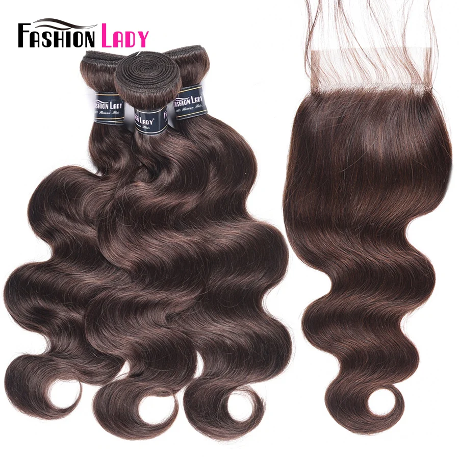 Moda Senhora Pré-Colored 3 Bundles Com Lace Encerramento 2 # Natural Cor Marrom Cabelo Liso Peruano Com Fecho não-Remy Do Cabelo