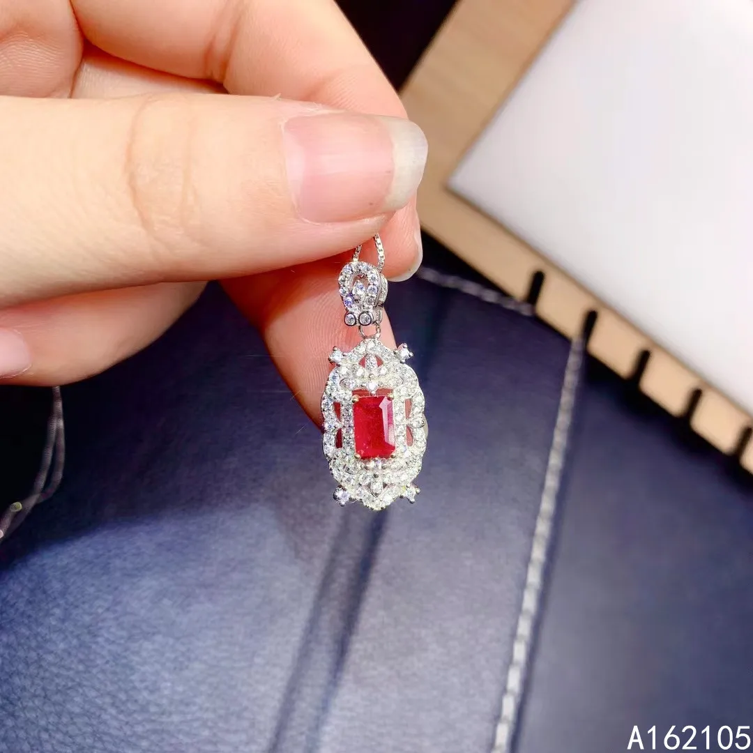 

Fine jewelry 925 pure silver inlaid natural ruby girl luxury lovely rectangle Chinese style gem pendant necklace support detecti