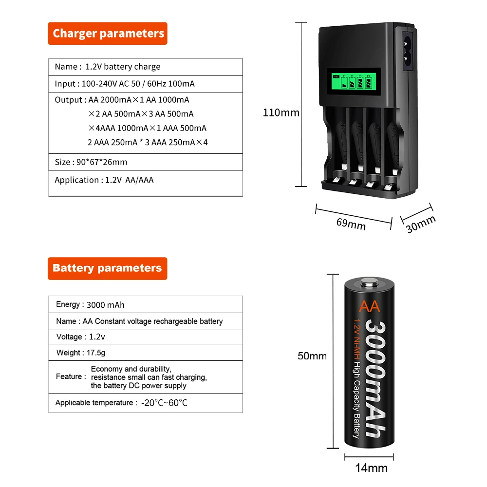 PALO AA Battery 3000MAH 1.2V  Ni-MH AA Rechargeable Battery Batteries 2A Bateria Baterias with Battery Hold Case Box Battery AA
