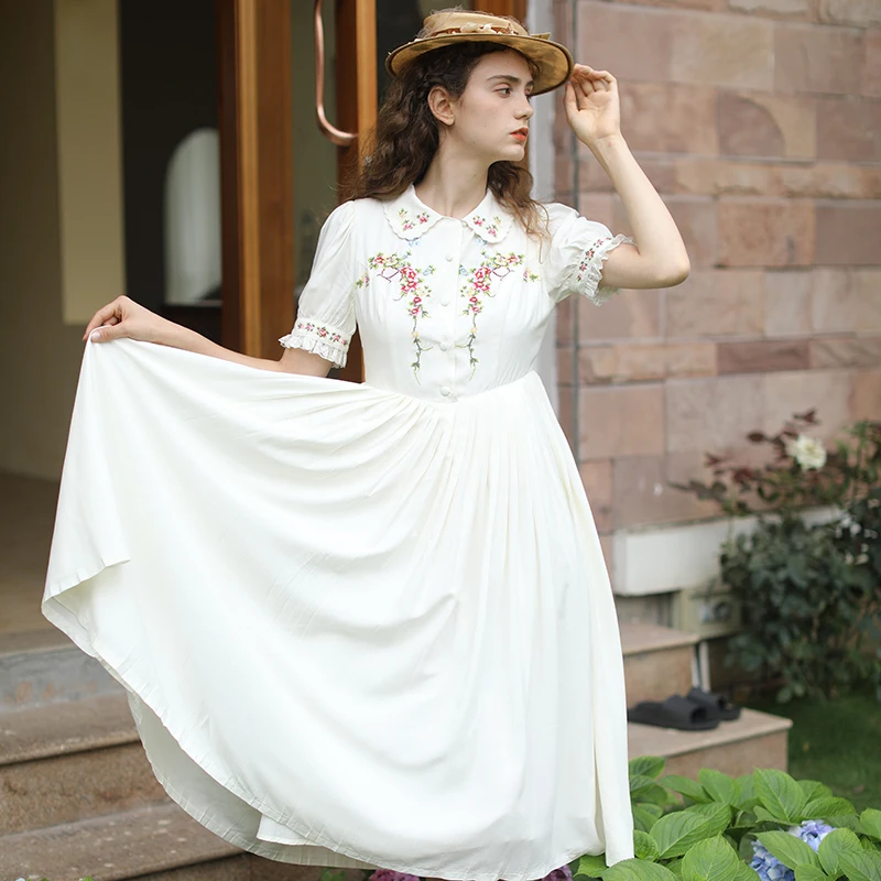 White Dress Spring Summer Women Vintage Elegant Slim Cross Stitch Embroidery Pleated Cotton Midi Dresses Woman Korean Dress