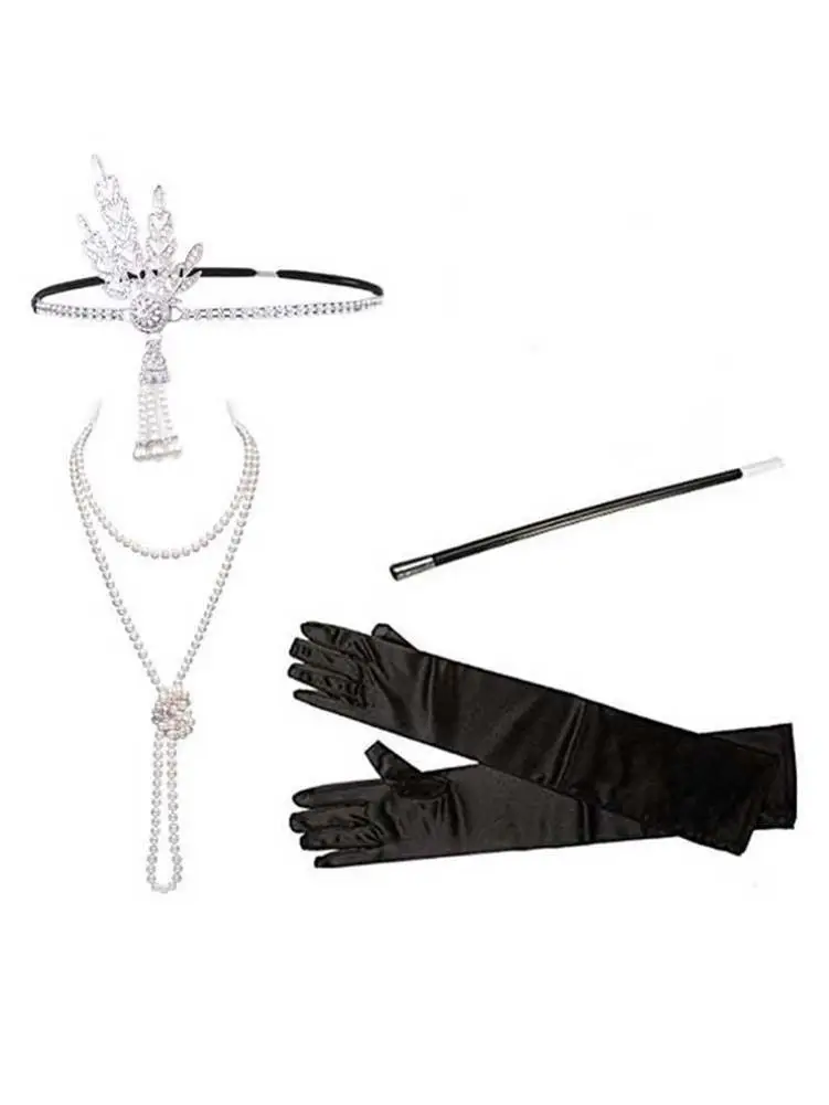 3Pack Women Great Gatsby Party Costume Accessories Set Retro 1920s Flapper Accessories Feather Headband Gloves Cigarette Holder