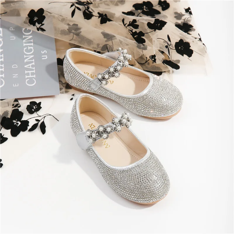 Meisjes Prinses Strass Enkele Schoenen 2023 Herfst Kid 'S Nieuwe Uitvoering Single Crystal Flats Kinderen Glanzende Glazen Schoenen