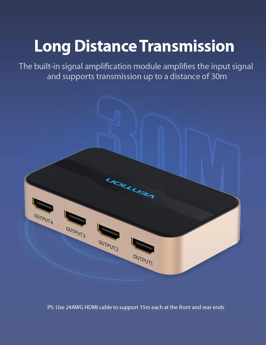 Tions HDMI Splitter 1 In 4 Out HD 4K/30Hz HDMI Schalter HDMI 1,4 1x2 1x4 Adapter Mit Netzteil für Xbox PS4 TV HDMI Switcher – Detail 11