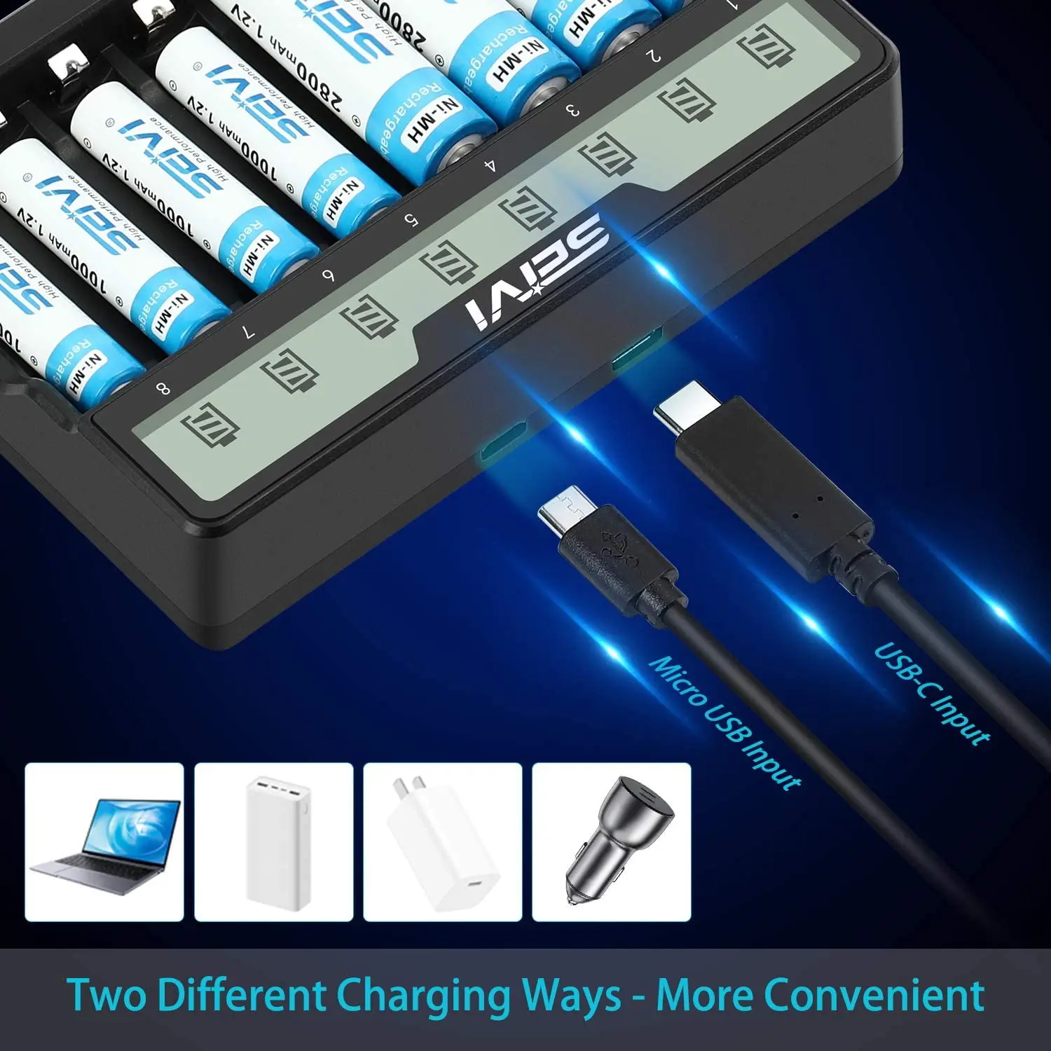 AA AAA Battery Charger 8 Slots Fast Charge with LCD Display for Ni-MH Rechargeable