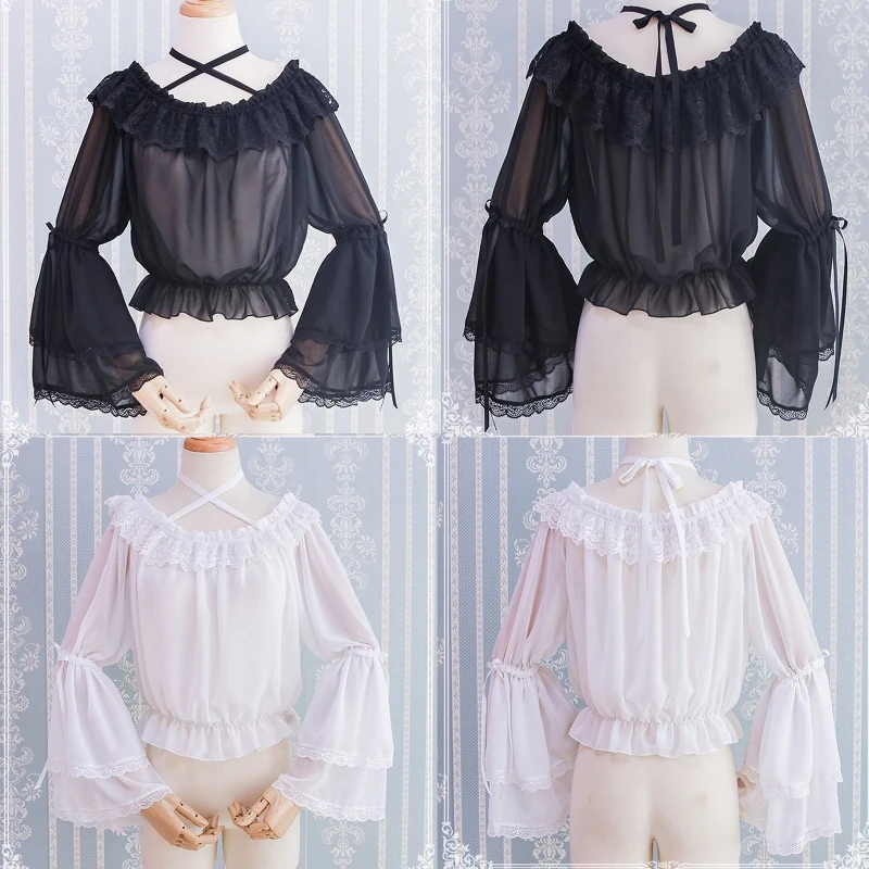 Women Lolita Chiffon Blouse Crop Top Flare Lace Long Sleeves Halter Neck Undershirt Pleated Frilly Ruffled Off Shoulder Shirt