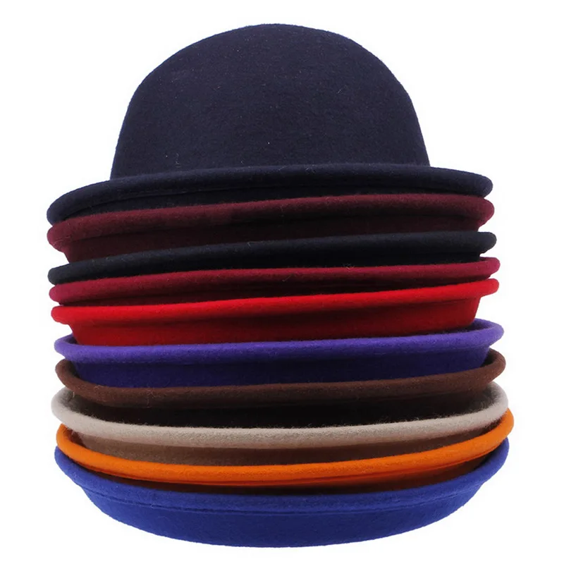 Pure Color Keeps Warm Women's Woolen Hat Autumn and Winter British Jazz Curling Bowler Hat