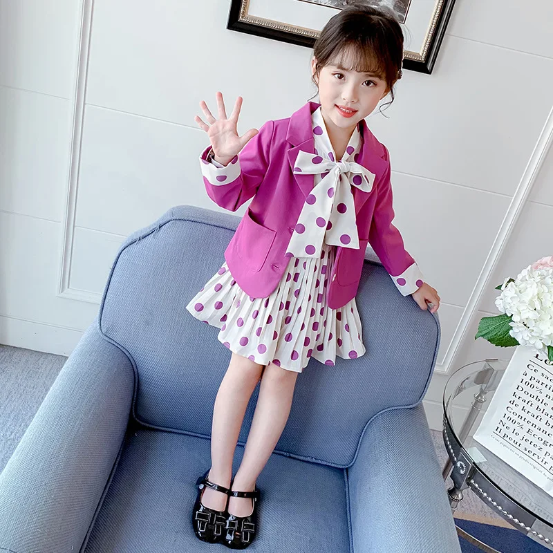 Kids Blazers Sets Spring Autumn Girls Casual 2pcs Dress Suits Jackets Single Breasted Polka Dot Sweet Children\'s Clothes H1