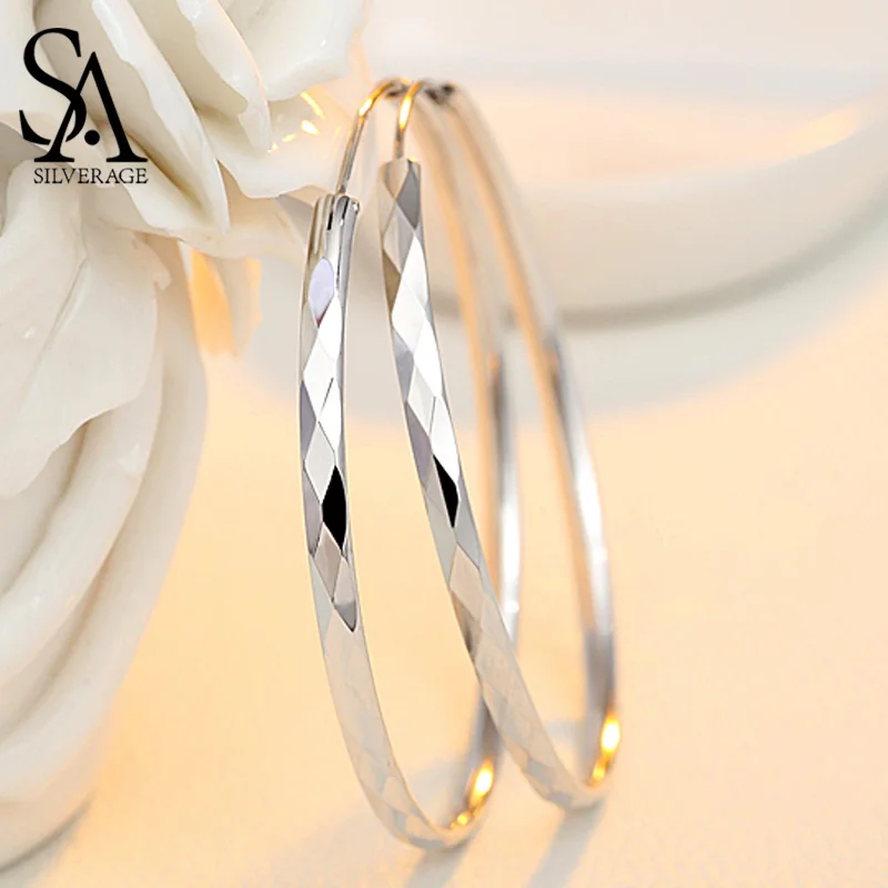 

SA SILVERAGE 60mm 55mm 50mm 45mm 40mm Silver 925 Huggie Earrings Silver Fine Jewelry Hoop Earrings Women Silver Long Earrings