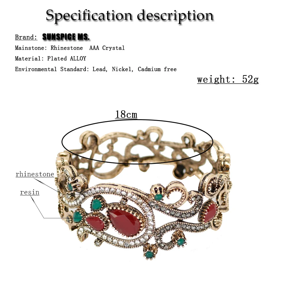 Sunspicems Vintage Turkish Flower Bangle Bohemia Women Bracelet Antique Gold Color Resin Bride Bracelet Wedding Jewelry Gift