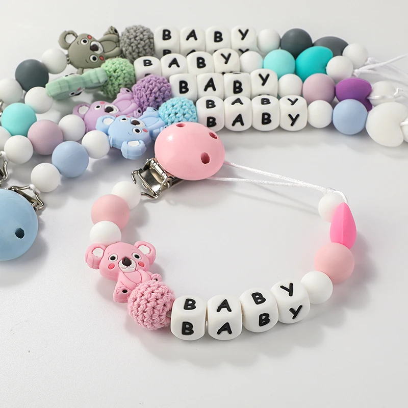 TYRY.HU Baby Pacifier Clip Chain  Personalized Name for Babies Custom Made Silicone Pacifier Clip with Cute Koala Chains