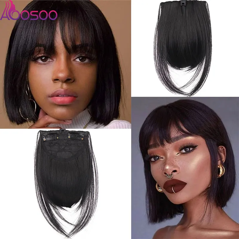 AOOSOO  Short Synthetic Bangs Heat Resistant Hairpieces Hair Women Natural Short Fake Hair Bangs Hair Clips For Extensions Black image 2