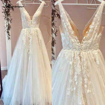 Lakshmigown แชมเปญ V คอลูกไม้ Appliques ชุดแต่งงานที่กําหนดเองเงา Tulle Vestidos Garden สาย Backless ชุดเจ้าสาว