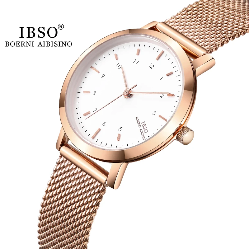 IBSO Brand Women‘s Watch Fashion Rose Gold Color Quartz Watch Femme Mesh Band Wrist Watch Japan Movement Relogio Feminino