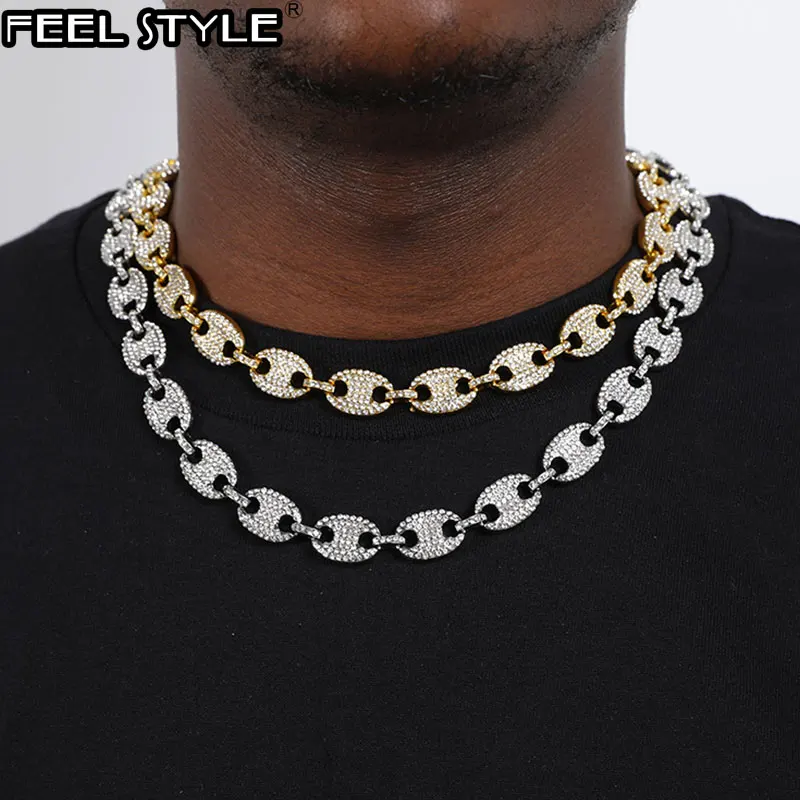 1kit 13MM Bling Coffee Bean Iced Out CZ Pig Nose Rhinestone Choker Link Chain Necklaces & Bracelet for Men HIP HOP Jewelry