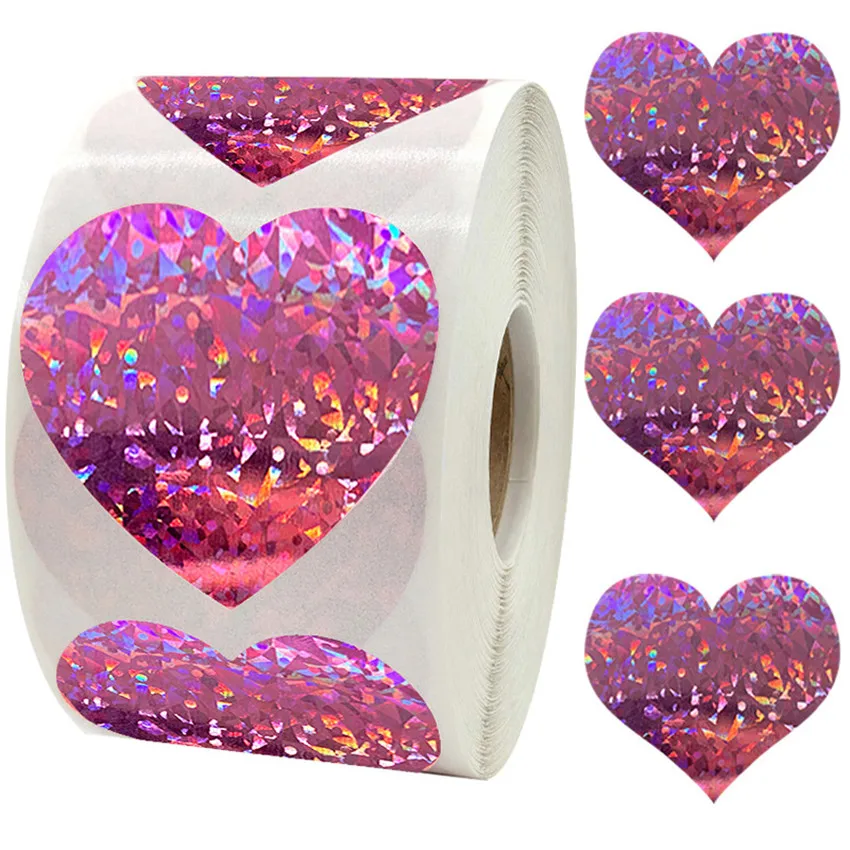 100-500pcs 1.5 calowy Laser holograficzny serduszkami naklejki na walentynki różowy fioletowy musujące etykiety Wedding party Love Stickers