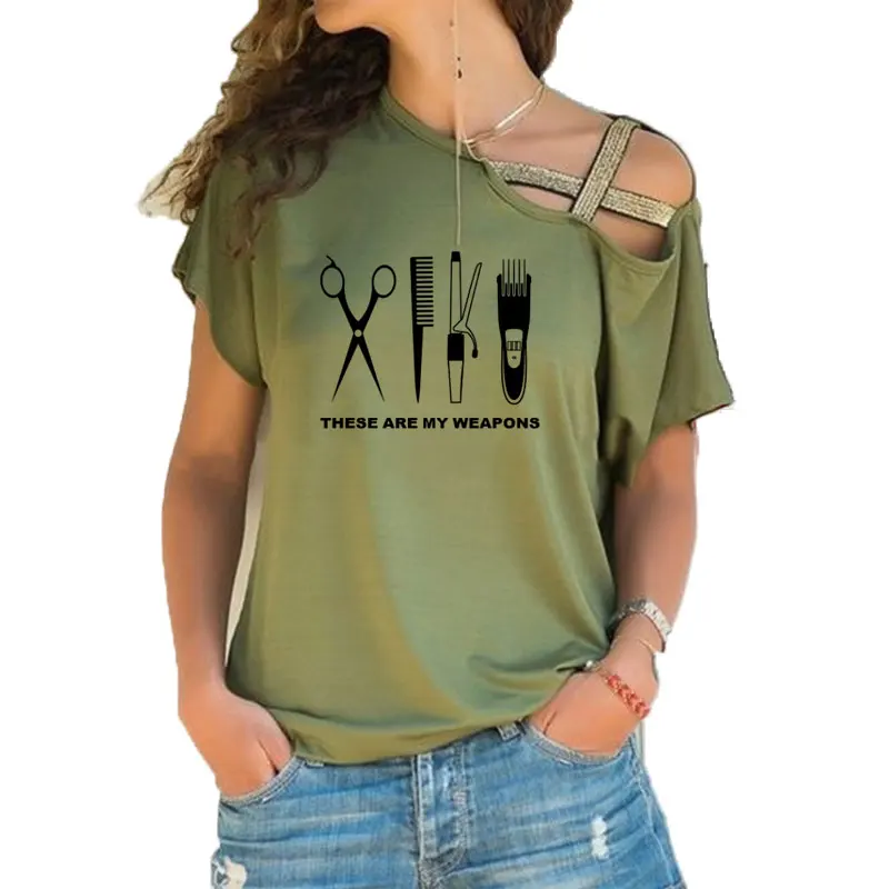 Barber T Shirt Women Short Sleeve Hairdresser Weapon T-shirt Girls Woman scissors Clothing Irregular Skew Cross Bandage Tops