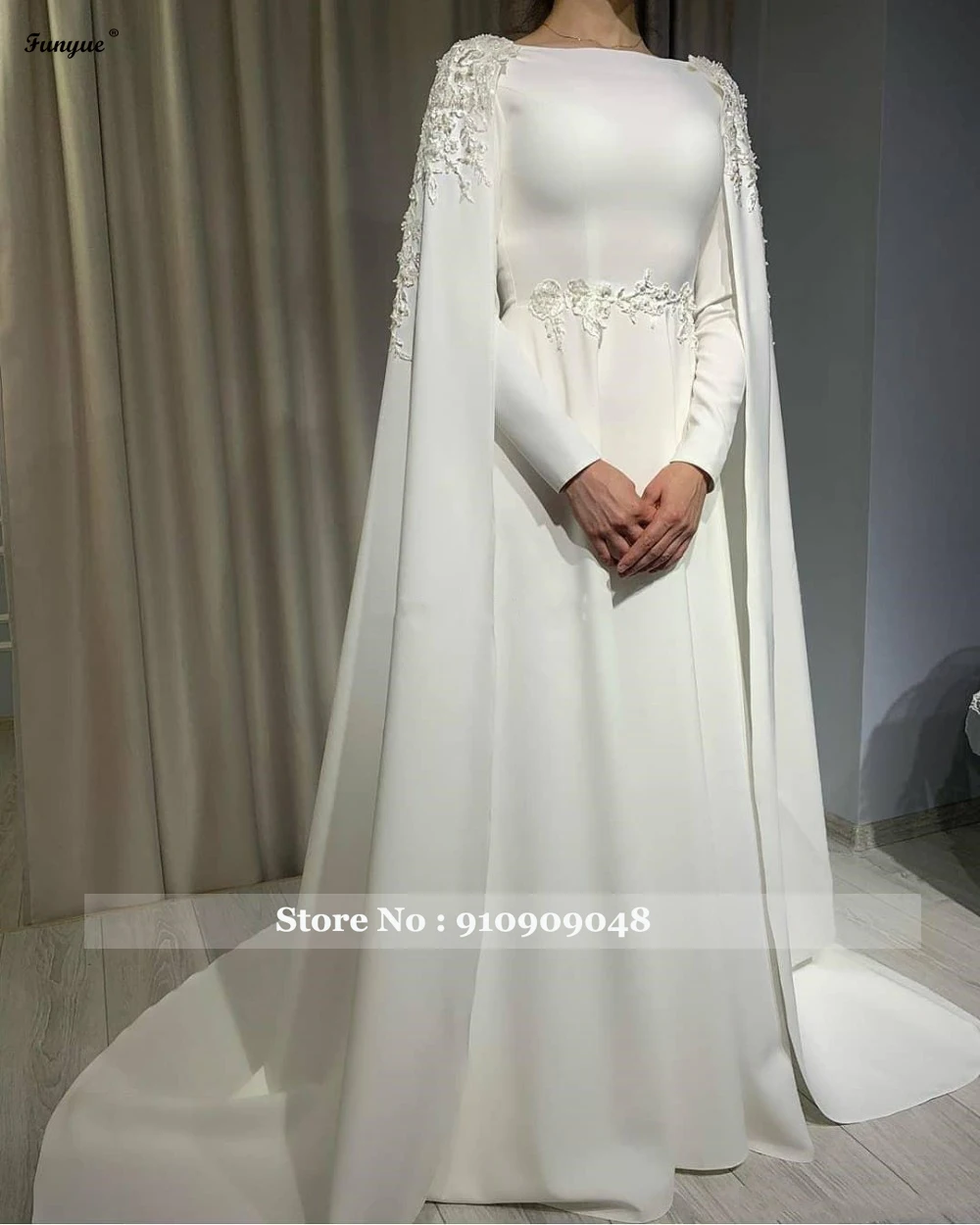 Plus Size Muslim Wedding Dress With Cape A Line Long Sleeves Satin Arabic Dubai Bride Gowns Lace Beaded Vestido De Novia 2024