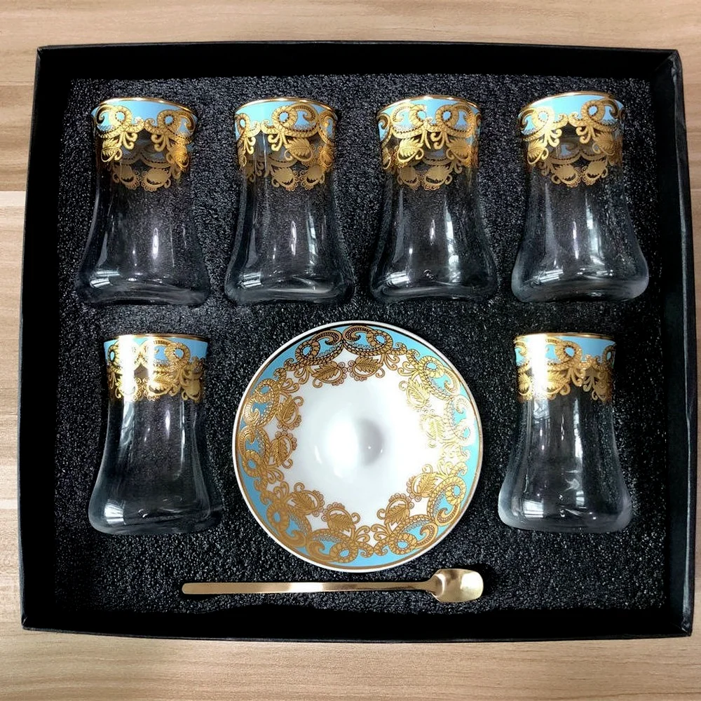 6 Sets Turkish Tea Glasses Cups Set Saucers with Spoon Coffee Cup Romantic Exotic Glass Tea Cup Kitchen Decoration Gift Box