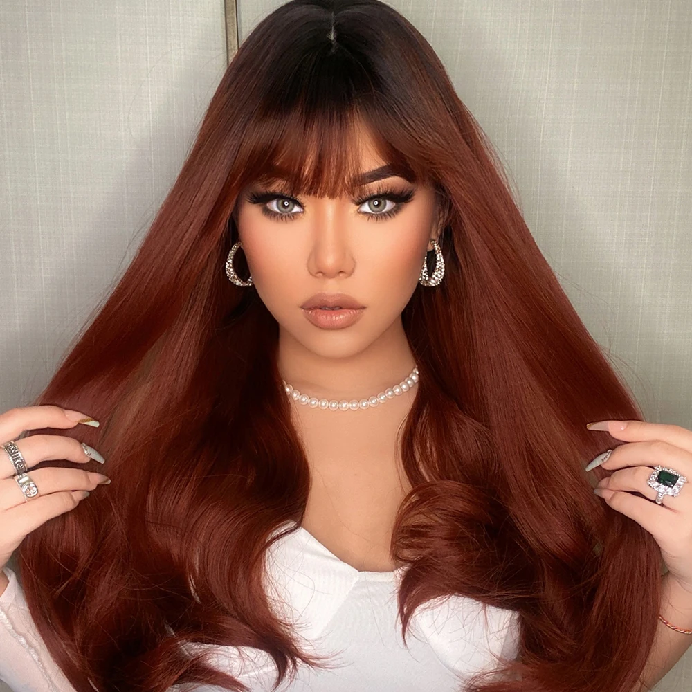 HENRY MARGU Ombre Wine Red Synthetic Wigs With Bangs Long Wavy Cosplay Hair Wigs for Women with Dark Roots Heat Resistant Wigs