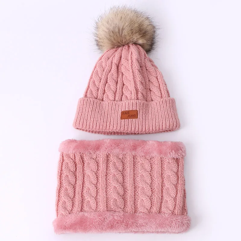 Children Hat And Scarf Set Winter Solid Skullies Beanies With Double Faux Fur Pompom High Quality Knitted Hat Ring Scarf Cap Set