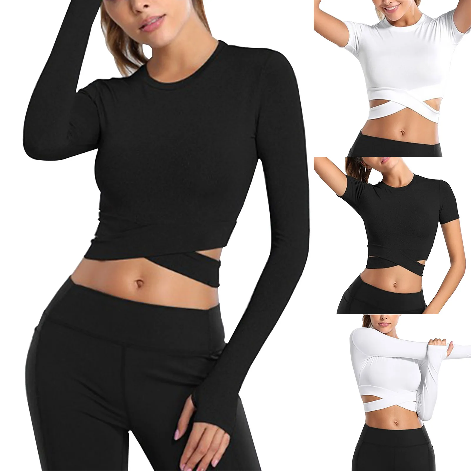 Women Yoga Wear Sexy Exposed Navel Yoga T-shirts High Elasticity Crew Neck Cropped Top/Long Sleeve Top For Fitness Sport Wear