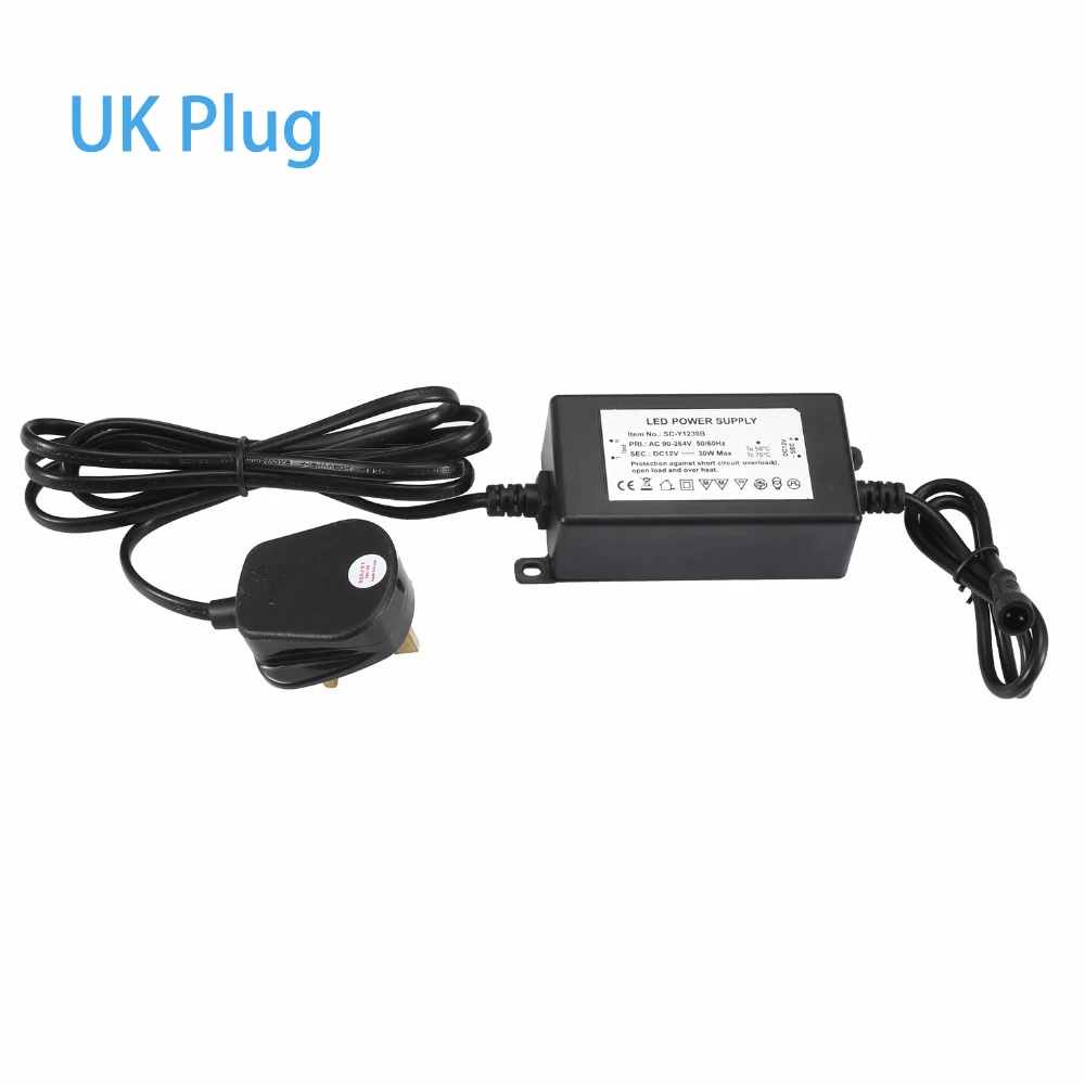 IP67 방수 12 볼트 30W 전원 공급 장치 LED 드라이버 변압기 야외 또는 실내 EU, 미국, 영국, AU 플러그 입력: 90-264VAC