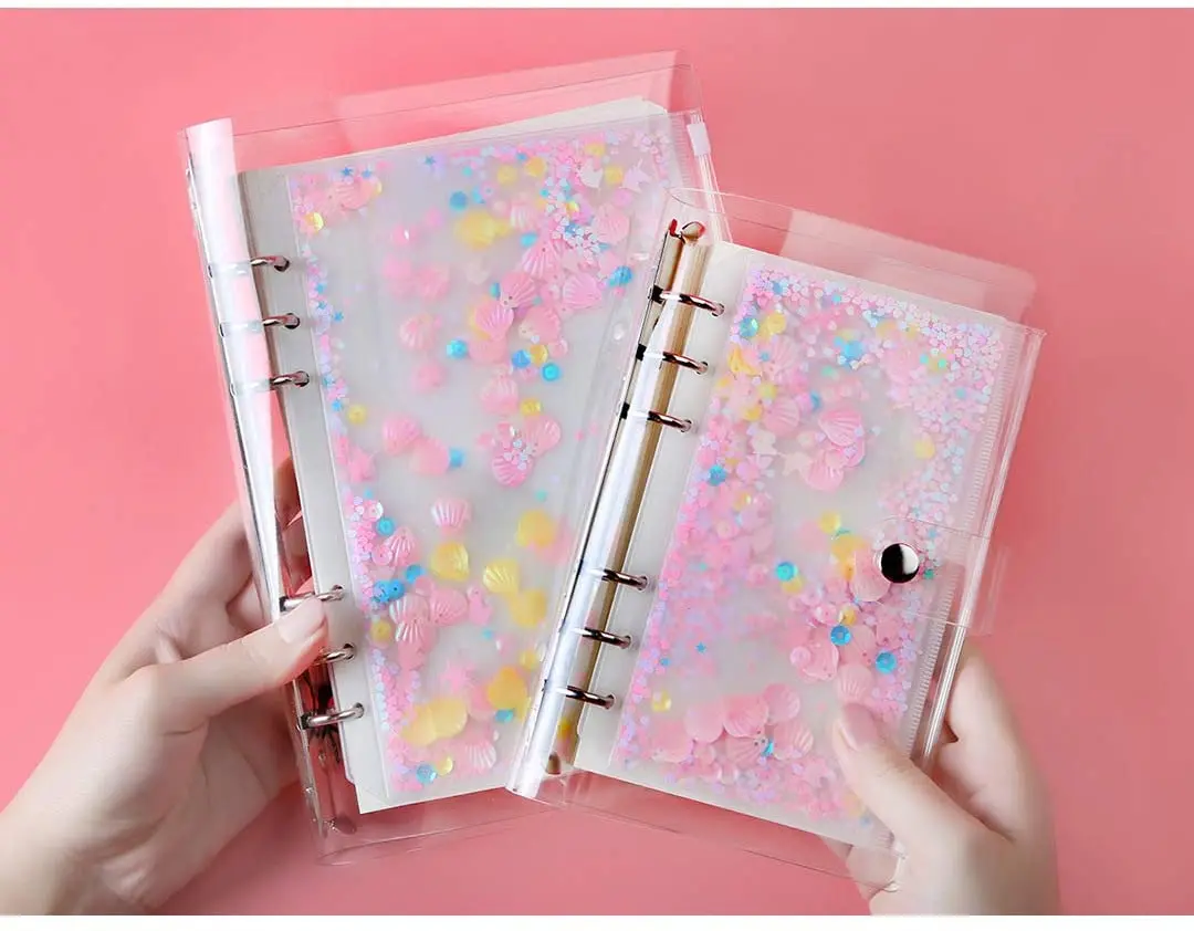 A5/A6 6 Holes Binder Pockets Plastic Zipper Envelopes Pouch For 6-Ring Notebook Built-in Glitter Flakes Stars Decoration