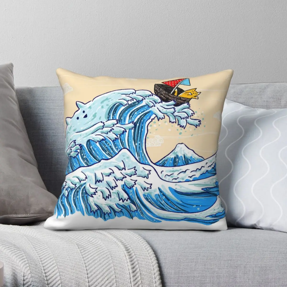 Hokusai Great Cat Wave Pillowcase Polyester Linen Velvet Printed Zip Decor Car Cushion Case 45x45