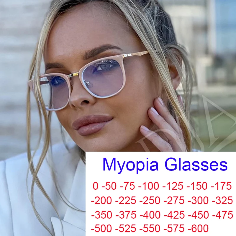 Anti Blue Rays Computer Myopia Glasses Women Vintage Round Frame khaki Student Shortsighted Eyewear Optical Sehbrille - 2.5 -6.0