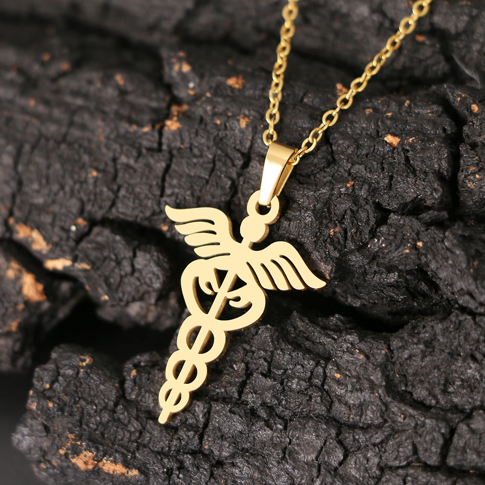 316L Stainless Steel Necklace Double Snake Wings Necklaces Medical Symbol Nurse Doctor Animal Pendants For Men Women Jewelry