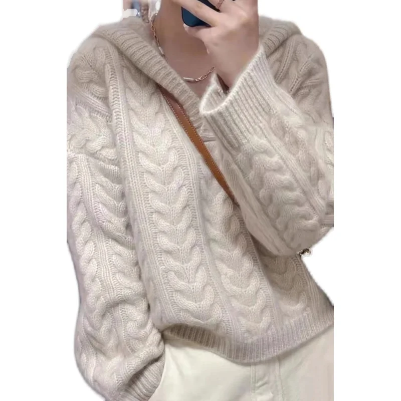 Ladies Long Sleeve Hooded Wool Sweater, 100% Cashmere, Casual, Pure Color, Knitted, Loose, Short, Winter, Hot Sale Pullover