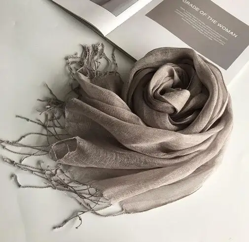 55*180cm Fashion Soft Solid Women 100% Linen Flax Tassel Scarf Summer Travel Sunscreen Long Shawl Elegant Hijab Women Foulard