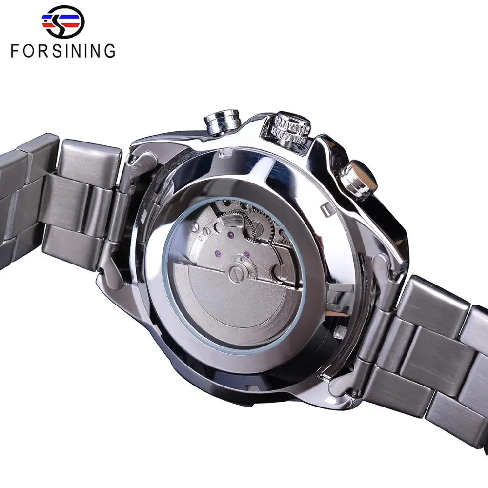 Forsining-reloj mecánico de acero inoxidable para hombre, pulsera automática con 3 subesferas, calendario multifunción, cinturones completos, color