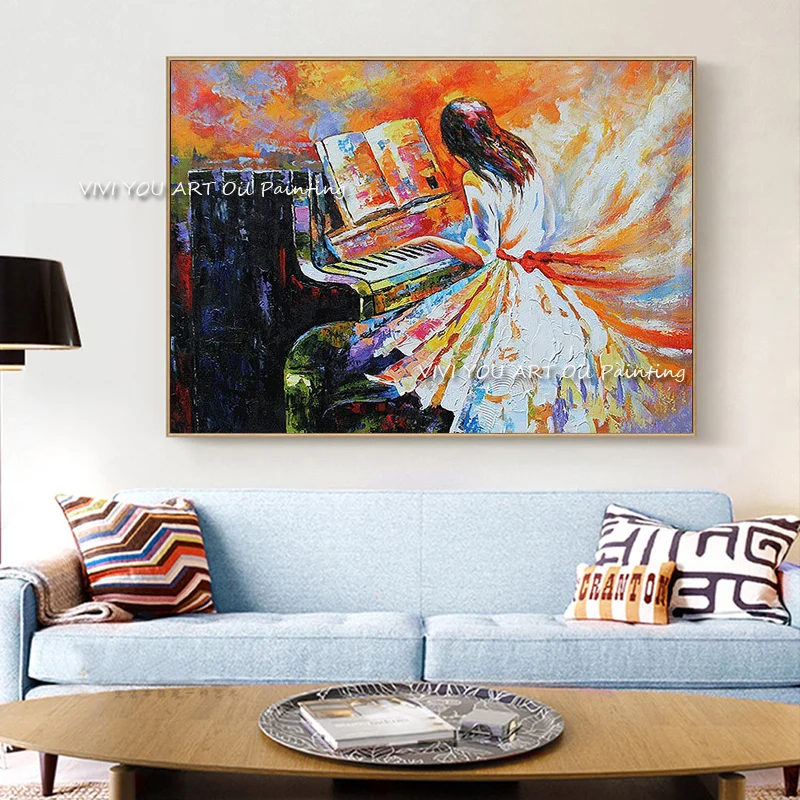 Handmade Girl Play The Piano Canvas Oil Painting  Wall Art Pictures Cuadros Poster For Living Room Bedroom Background Home Decor