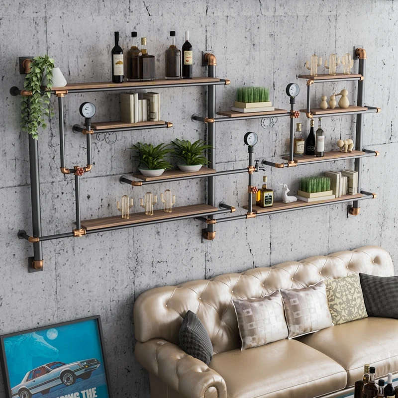 High temperature baking paint Wall Shelf Retro Bookshelf Bookshelf Retro Design Metal Wall Shelf Wine Rack Iron Art Wall Decoration Wine Rack Water Pipe Diaphragm Wall Hanger