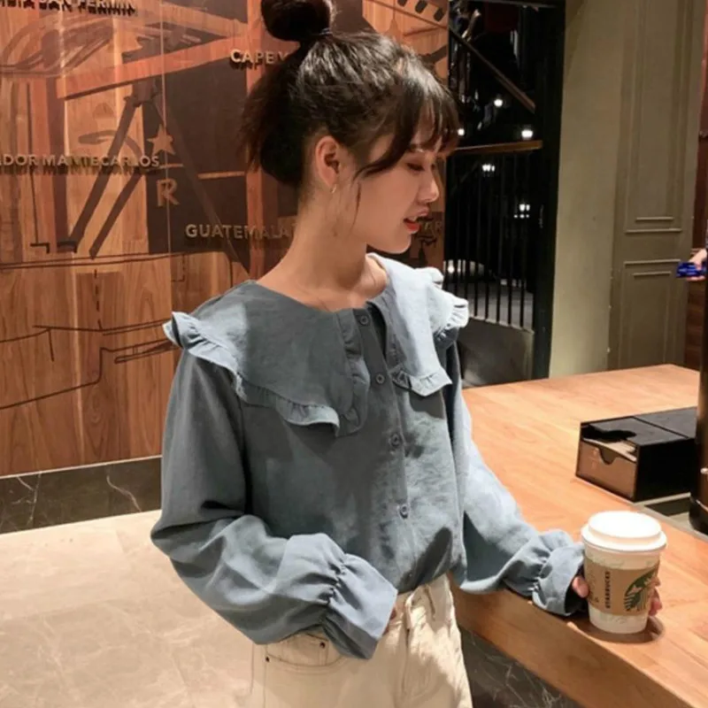 Shirts Women Peter Pan Collar Flare Sleeve Solid Minimalist Ladies Clothing Student Lovely Fashion Casual Loose Korean Style New