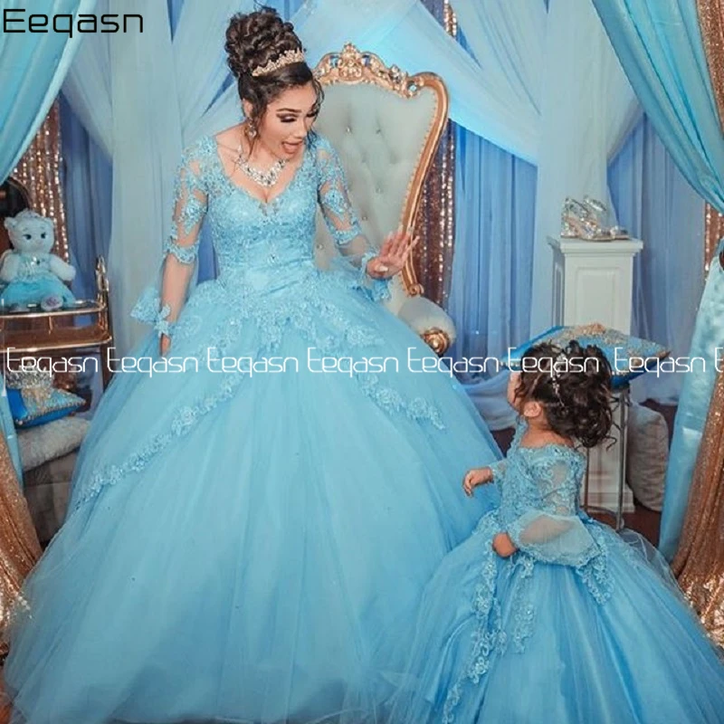 Eeqasn Prinzessin Arabisch Licht Blau Quinceanera Kleider 2020 Spitze Applique Schatz Prom Kleider Spitze-up Süße 16 Party Kleid