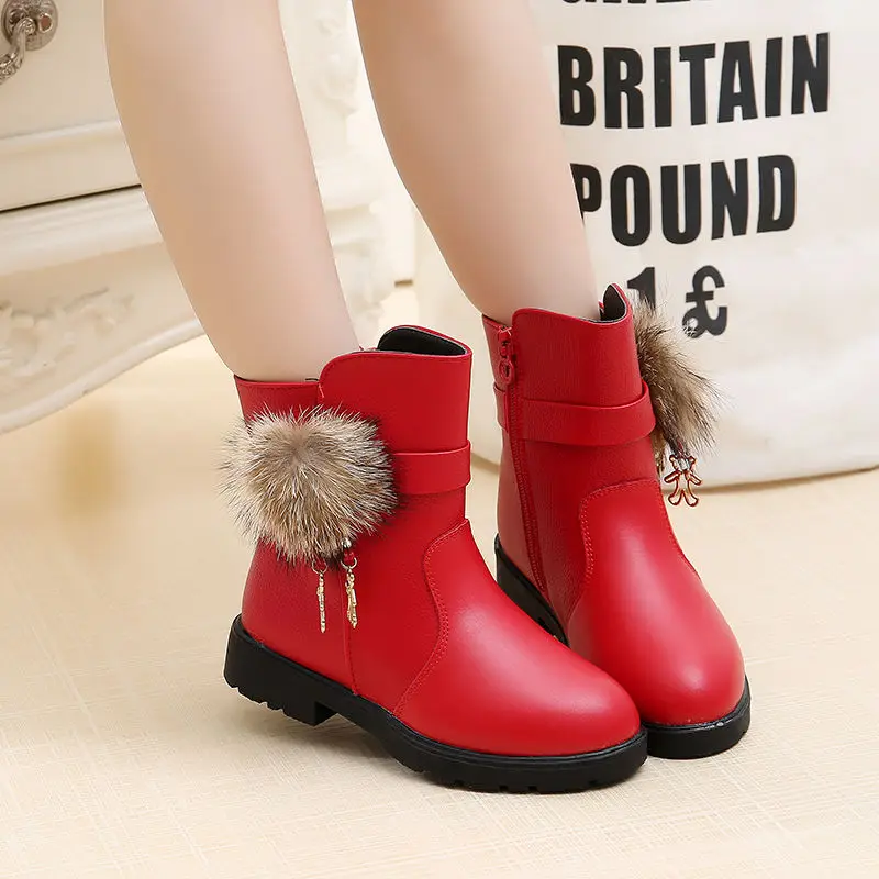 High Quality Fashion Children\'s Princess Boots Real Fur Ball Kids Winter Snow Boots 2020 Spring New Children Leather Cotton Boot