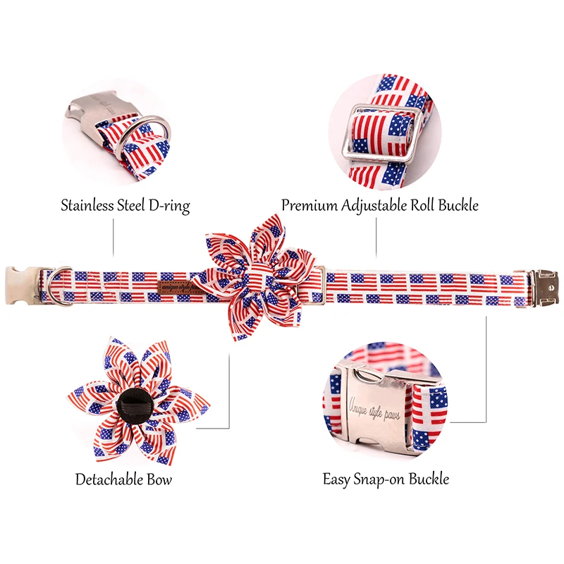 Unique Style Paws America Flag Dog Collar And Leash Set Bow Tie Flower Cotton Pet Collar for Large Medium Small Dogs Cats