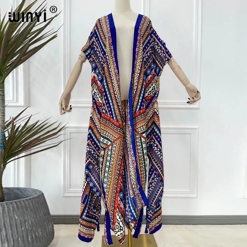 

European KINOMO Summer Women Cardigan stitch robe Cocktail sexcy Boho Maxi African Holiday Batwing Sleeve Silk Robe