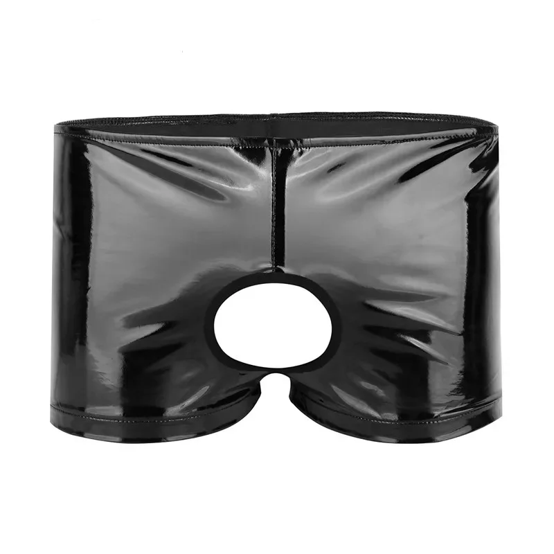 Mens Sexy Open Crotch Leather Short Pants For Sex Erotic Below Crotchless Shiny Patent Leather Fetish Boxer Hot Porn Pants Sexi