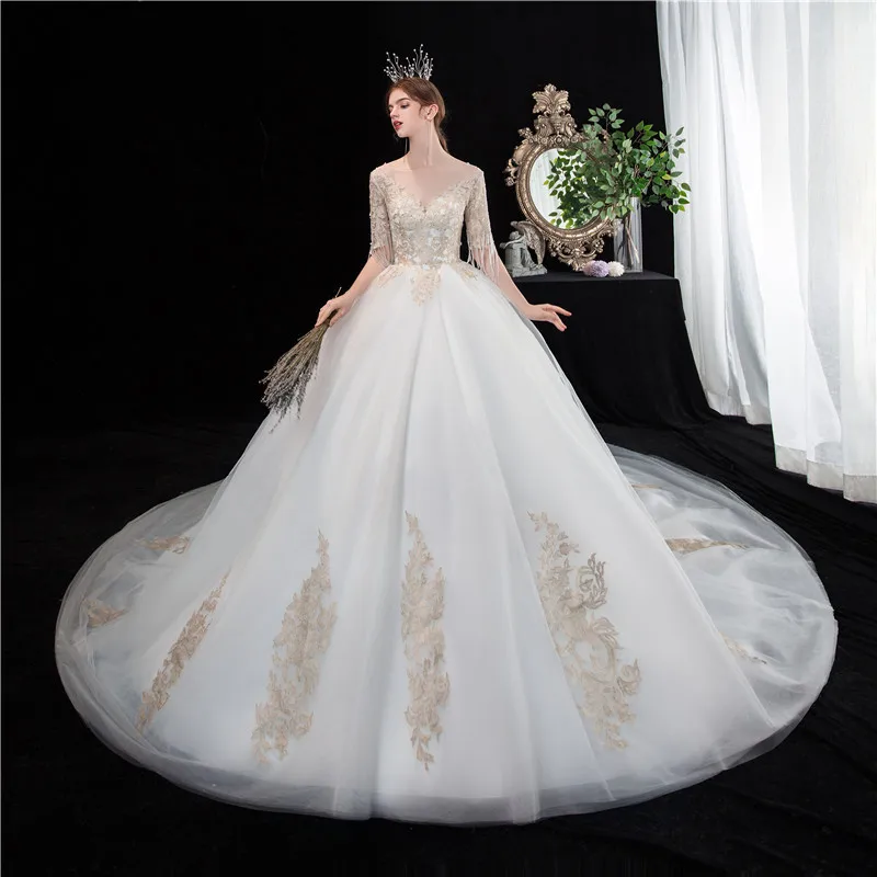 

Wedding Dress 2022 New Elegant Half Sleeve Wedding Gowns Vestido De Noiva Champagne Embroidery With Train Princess Bride Dress