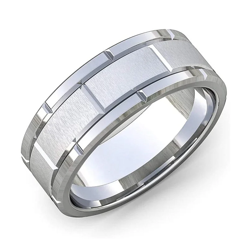 8mm Stainless Steel Women Ring Silver Color Brick Pattern Grooved Matte Brushed Ring Mens Wedding Bands Accessories