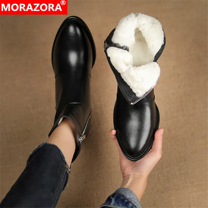 

MORAZORA 2022 Newest Wool Snow Boots Women Genuine Leather Shoes Pointed Toe Thick Heels Casual Ankle Boots Women Winter Shoes