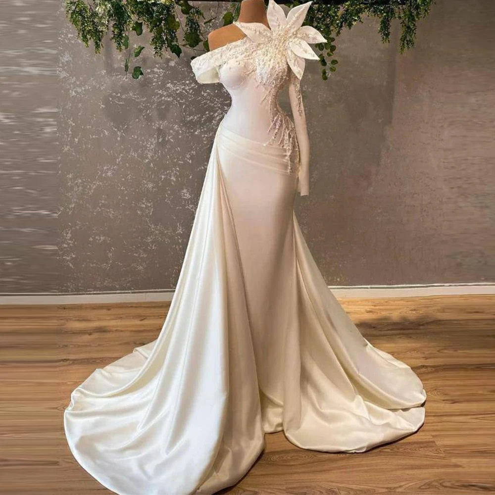 

Whith Satin Mermaid Wedding Prom Dresses With Handmade Flower Pearls Off Shoulder Lace Up Train Evening Gowns vestidos de novia