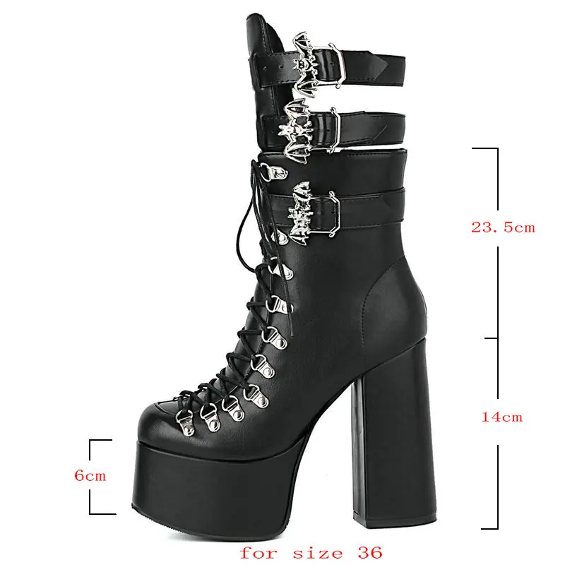 2021 Women Ankle Boots Platform Square High Heel Ladies Motorcycle Boots Patent PU Leather Buckle Women Lace Up Boots Black