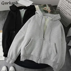 With Hat Hoodies Women Thicker Autumn Warm Soft Simple Basic Zip-up Hooded Ulzzang Cozy Teens Top Female Comfortable Minimalist