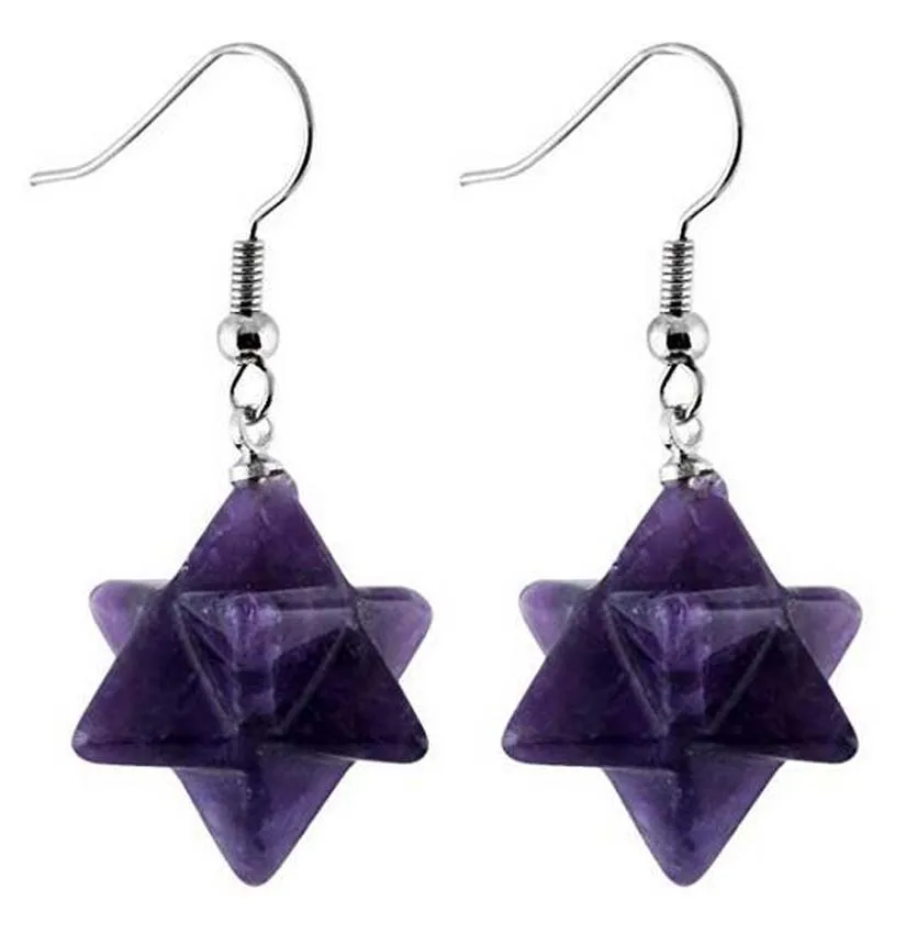 Crystal Merkaba Star Stone Earring For Women Natural Amethyst Rose Quartz Tiger Eye Hexagram Dangle Hook Stone Earrings Jewelry